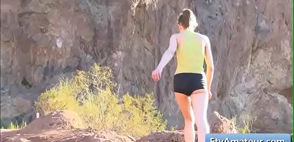  Sexy young teen amateur Kristen goes for a run on the mountains and finger her juicy pussy deep and tender